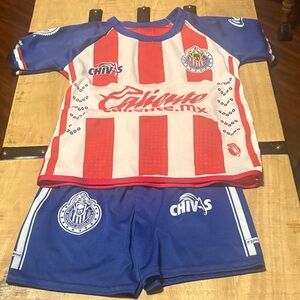 Chivas Red & White Striped Soccer Jersey with Blue Shorts